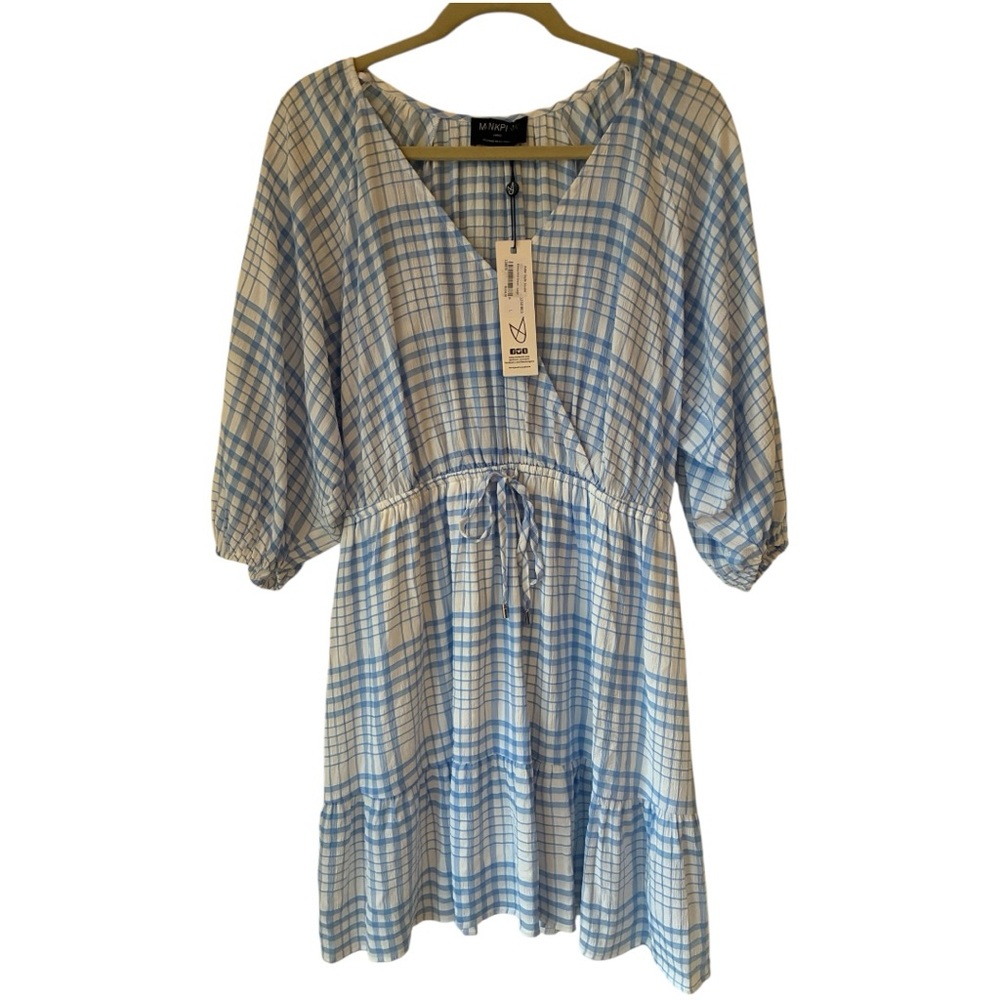 NWT MINKPINK Parker Blue Check Puff Sleeve Mini Dress Size Large L Gingham Plaid - Picture 3 of 4